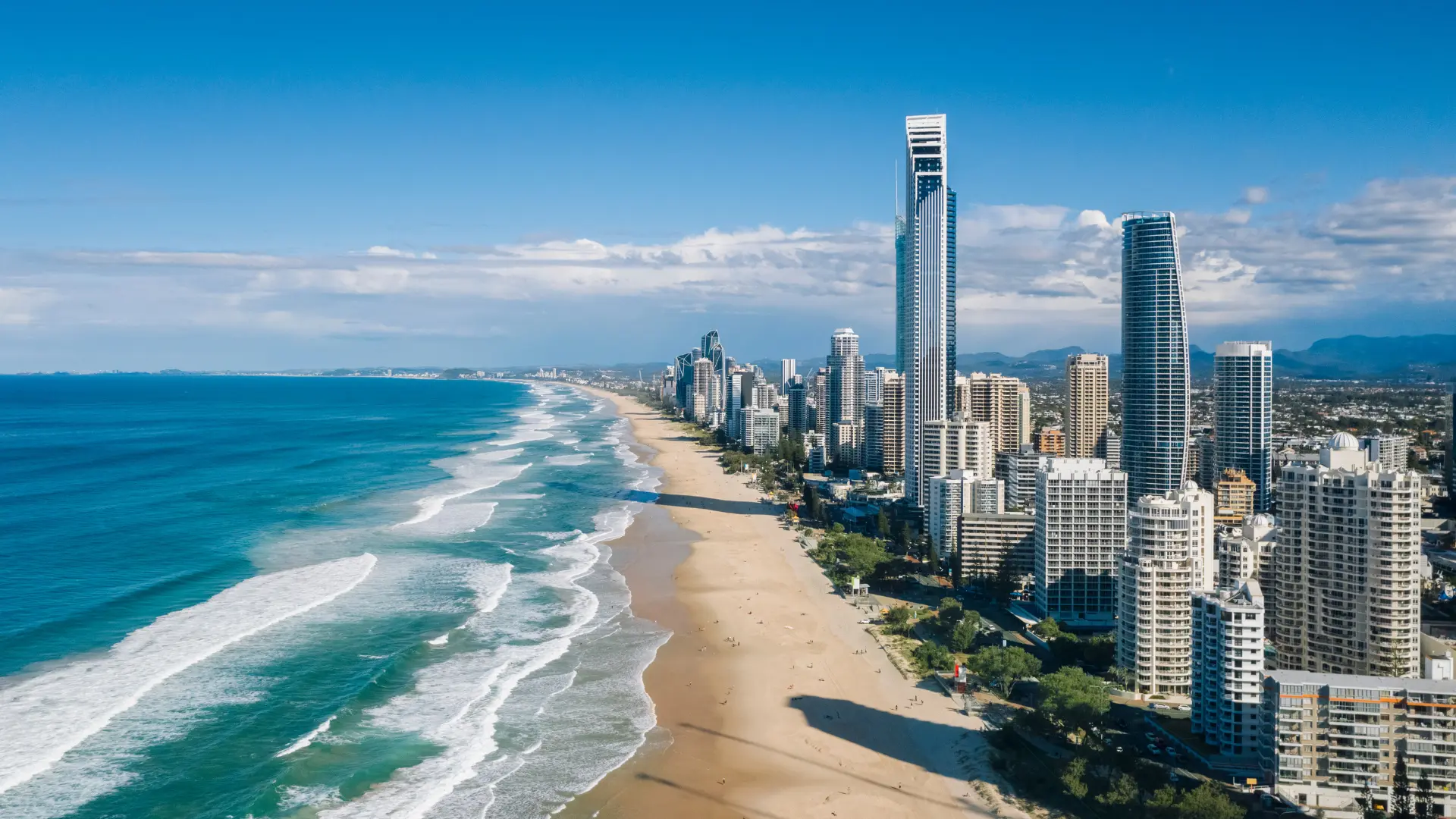 Aerial view of Surfers Paradise beach and skyline on the Gold Coast