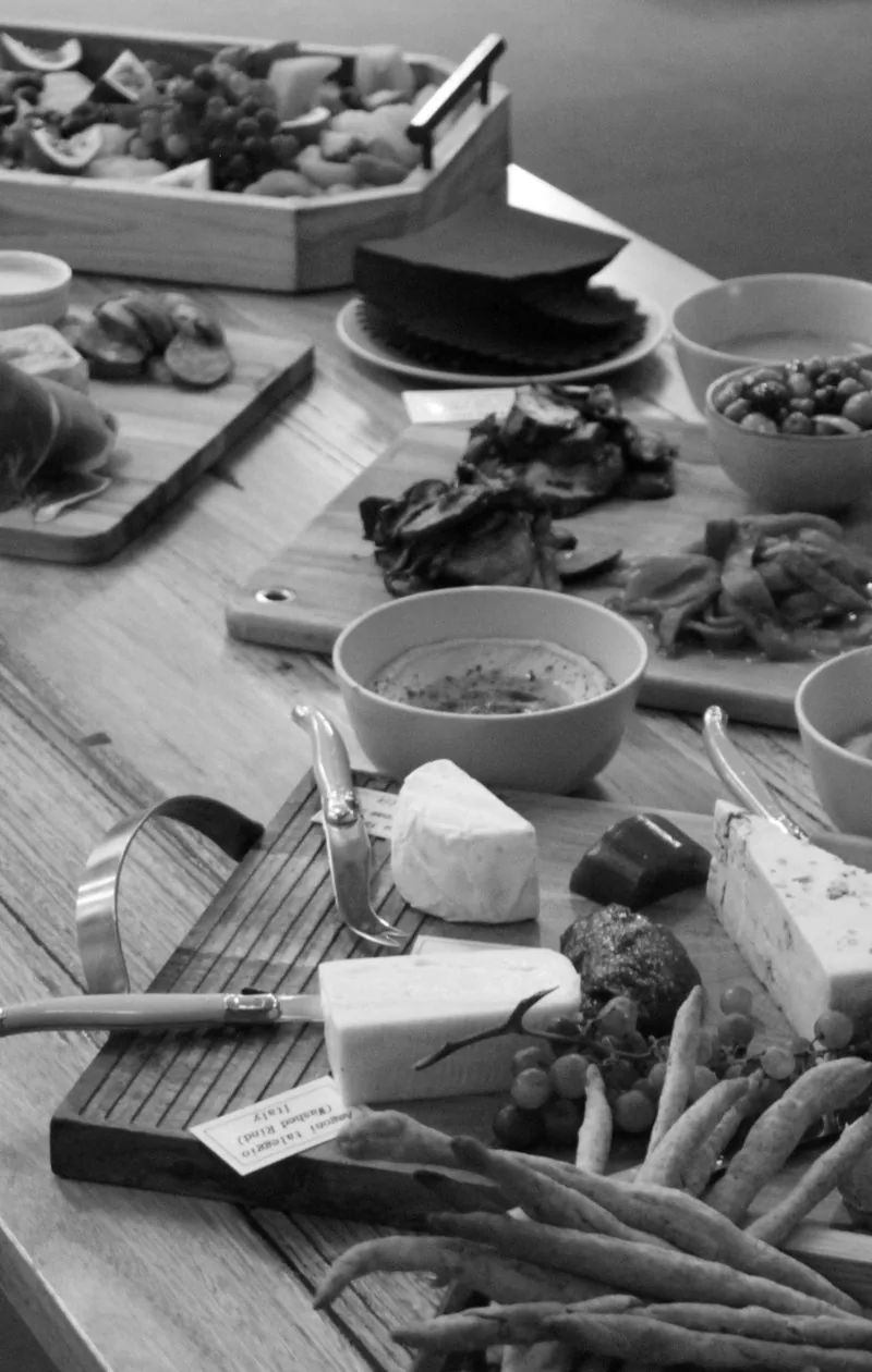 The grazing table of food and drinks